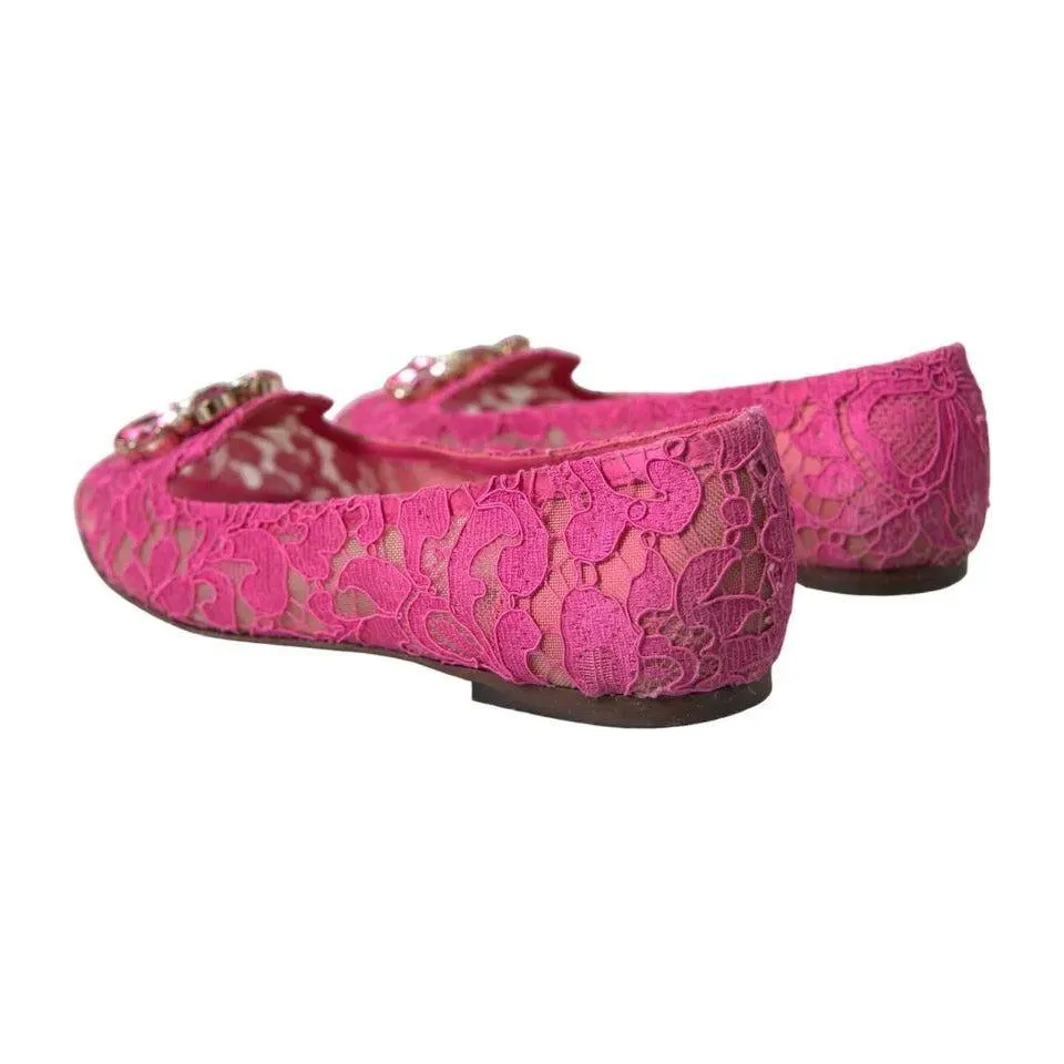 Dolce & Gabbana Pink Lace Crystal Ballet Loafers Shoes