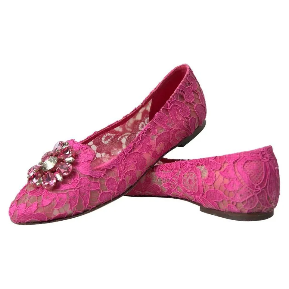 Dolce & Gabbana Pink Lace Crystal Ballet Loafers Shoes