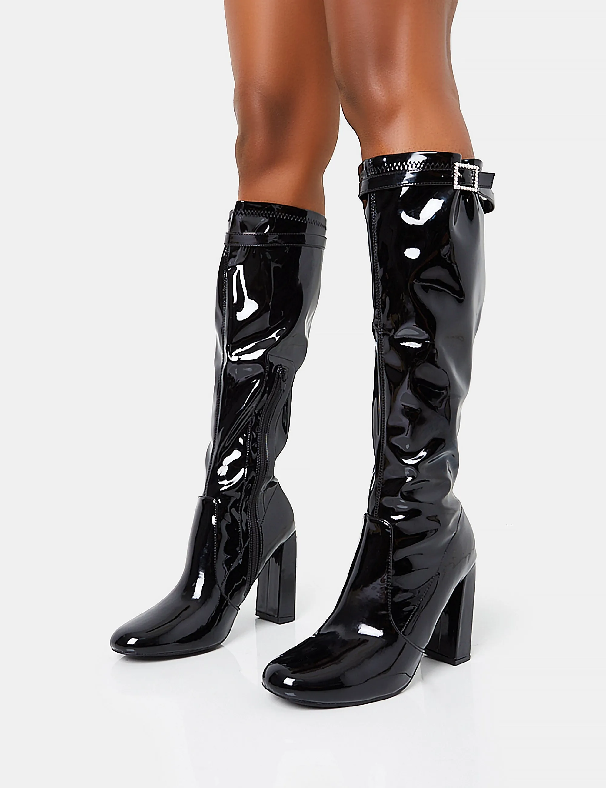 First Class Black Buckle Strap Detail Knee High Block Heeled Boots