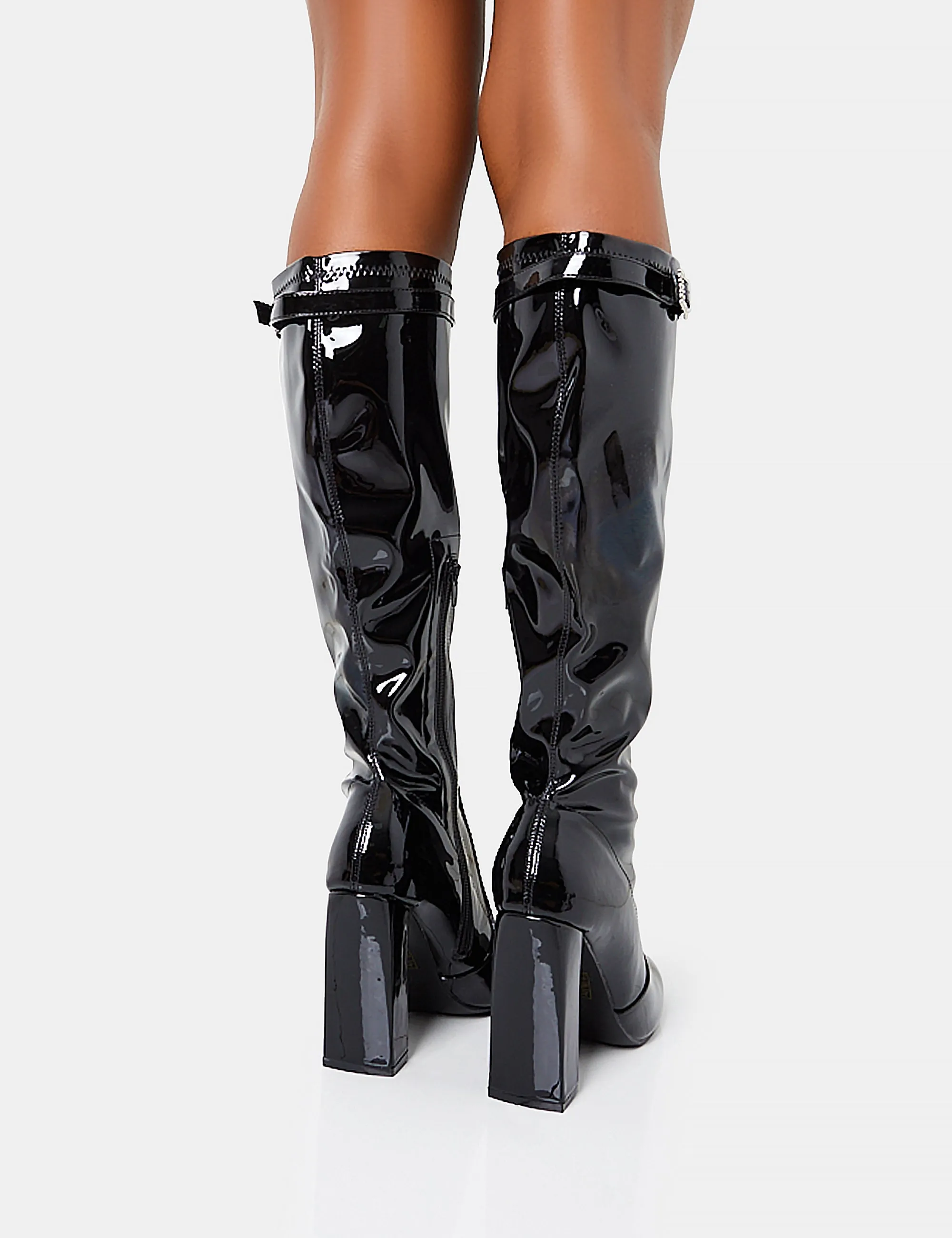 First Class Black Buckle Strap Detail Knee High Block Heeled Boots