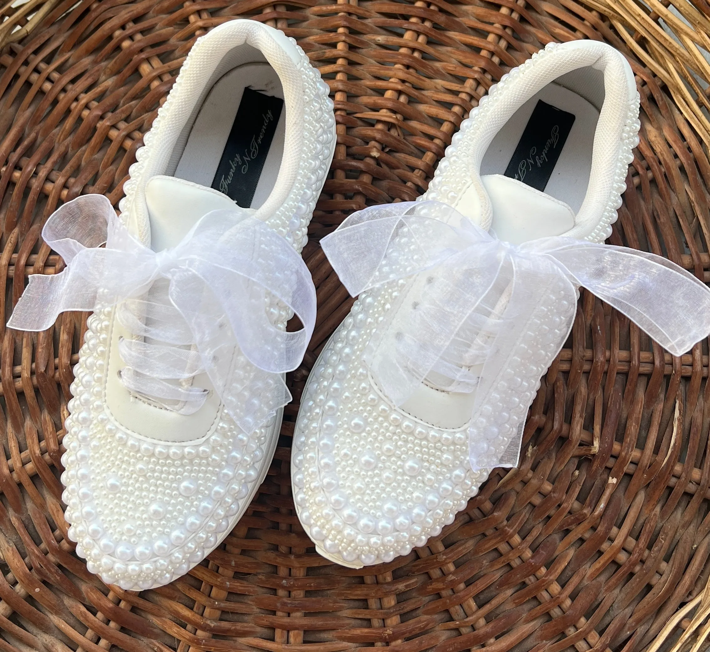 Funky N Trendy white pearl hand work sneakers / bridal sneakers/ sneaker for bride / white sneakers/ pearl sneakers for bride/ bridesmaid sneakers / pearls sneakers