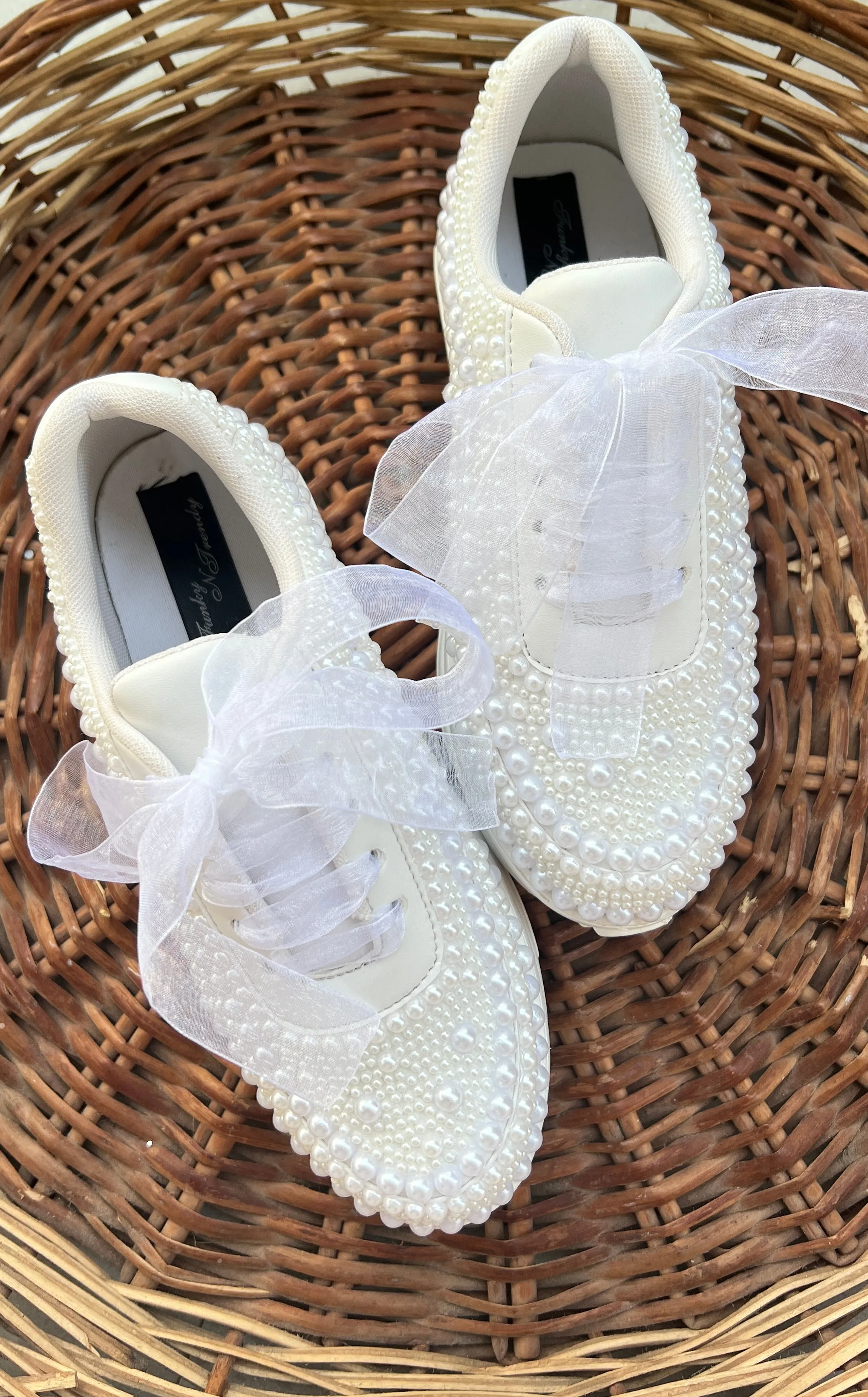 Funky N Trendy white pearl hand work sneakers / bridal sneakers/ sneaker for bride / white sneakers/ pearl sneakers for bride/ bridesmaid sneakers / pearls sneakers