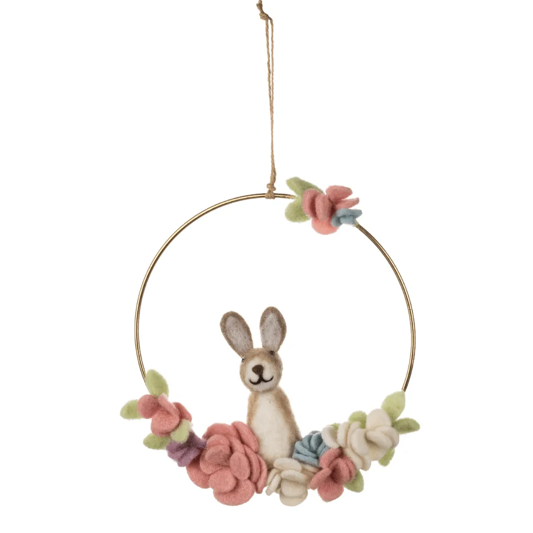 Gold Bunny Wreath with Pastel Felt Flowers