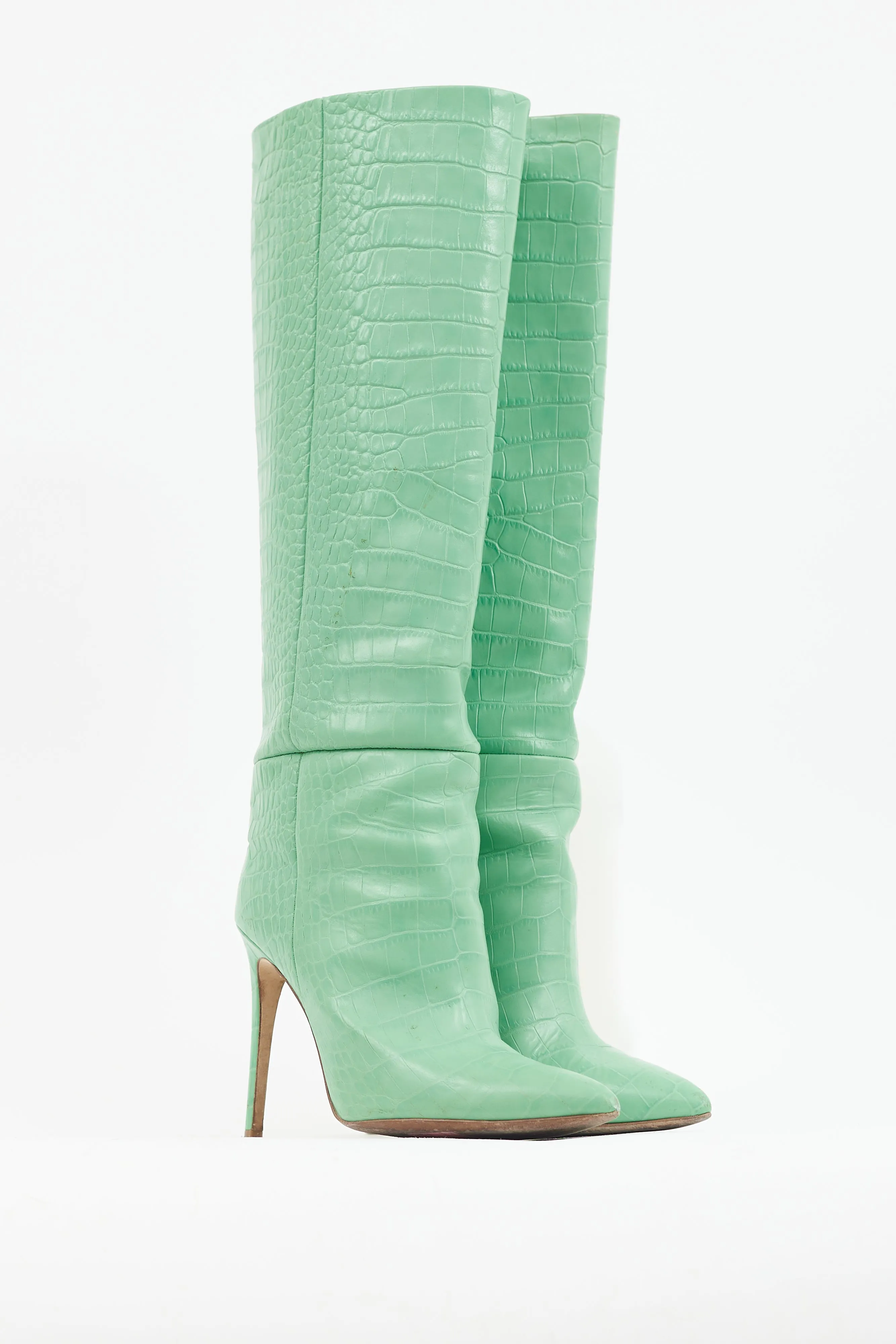 Green Embossed Leather Heeled Boot