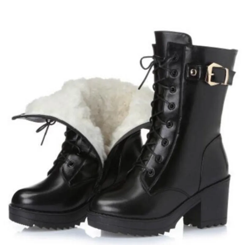 High-heeled Buckle Lace-up Vegan Leather Winter Boots