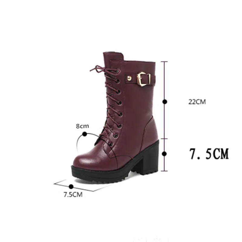 High-heeled Buckle Lace-up Vegan Leather Winter Boots