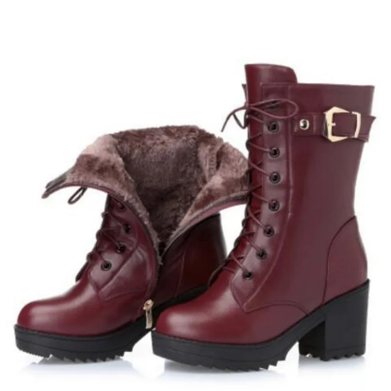 High-heeled Buckle Lace-up Vegan Leather Winter Boots