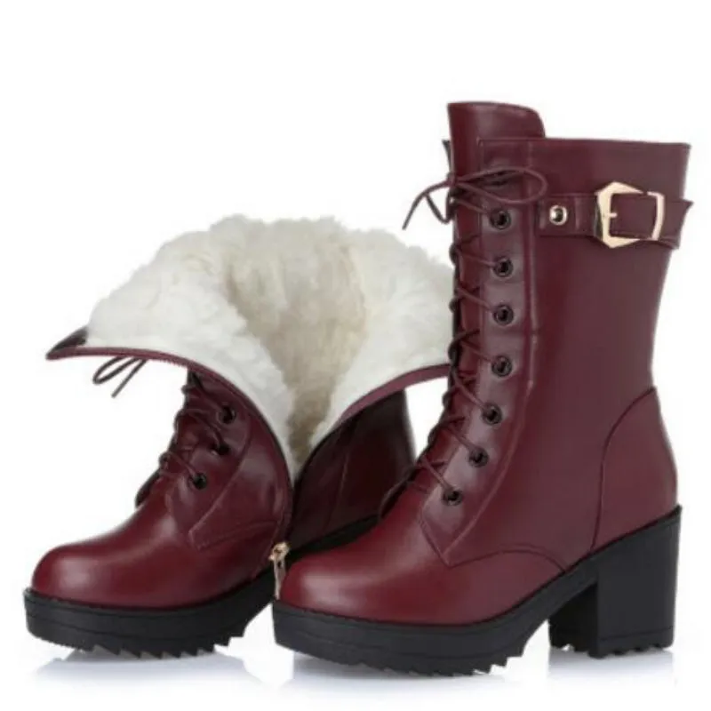 High-heeled Buckle Lace-up Vegan Leather Winter Boots