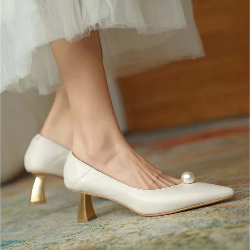 High Heels Women Winter Brand Shoes Pearl Fashion Point Toe Thin High Heels Soft Women Dress Shoes Autumn Female Wedding Pumps