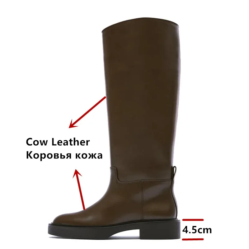 Hnzxzm 2024 Ins Genuine Leather Knee High Boots For Women Thick Heeled Autumn Winter Warm Shoes Woman High Motorcycle Boots