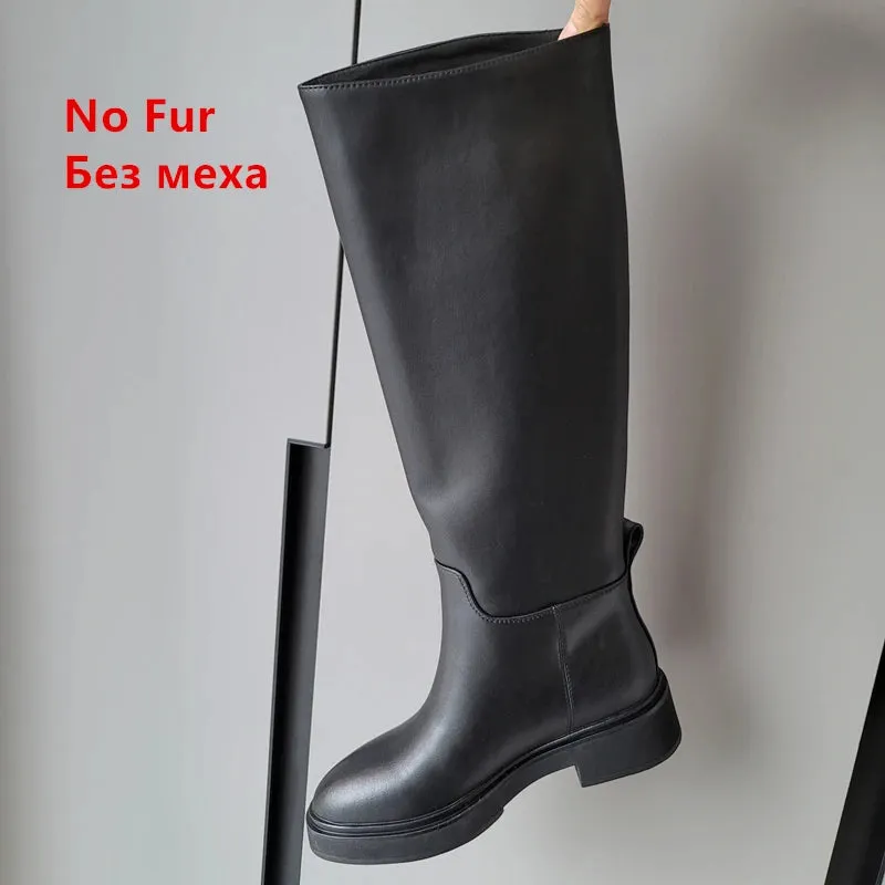 Hnzxzm 2024 Ins Genuine Leather Knee High Boots For Women Thick Heeled Autumn Winter Warm Shoes Woman High Motorcycle Boots