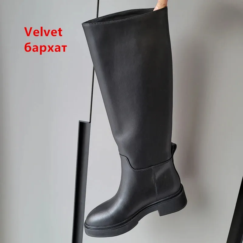 Hnzxzm 2024 Ins Genuine Leather Knee High Boots For Women Thick Heeled Autumn Winter Warm Shoes Woman High Motorcycle Boots