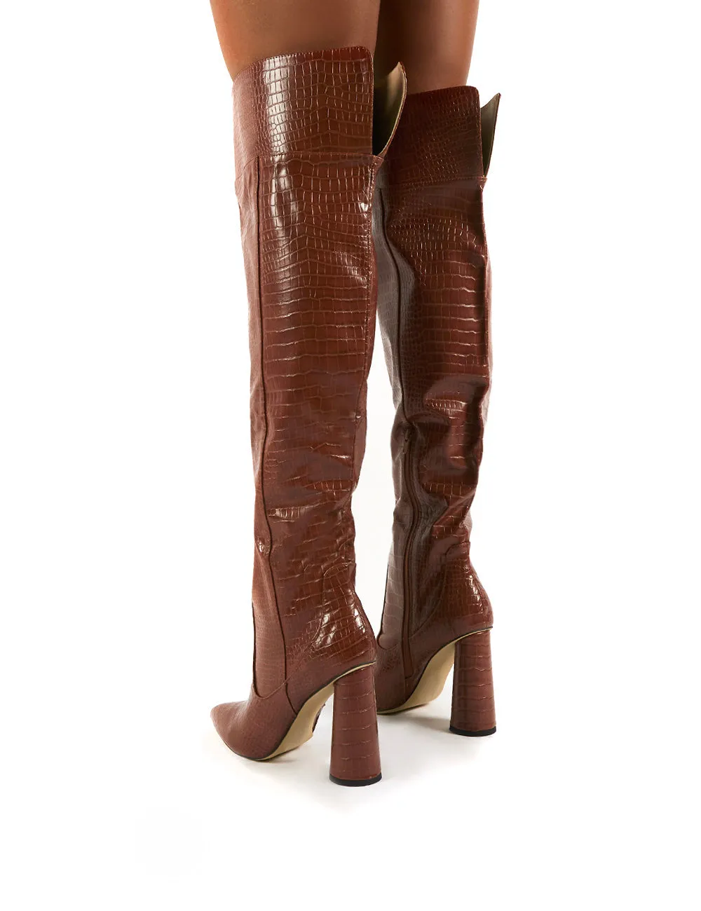 Hometown Tan Croc Over The Knee Heeled Boots