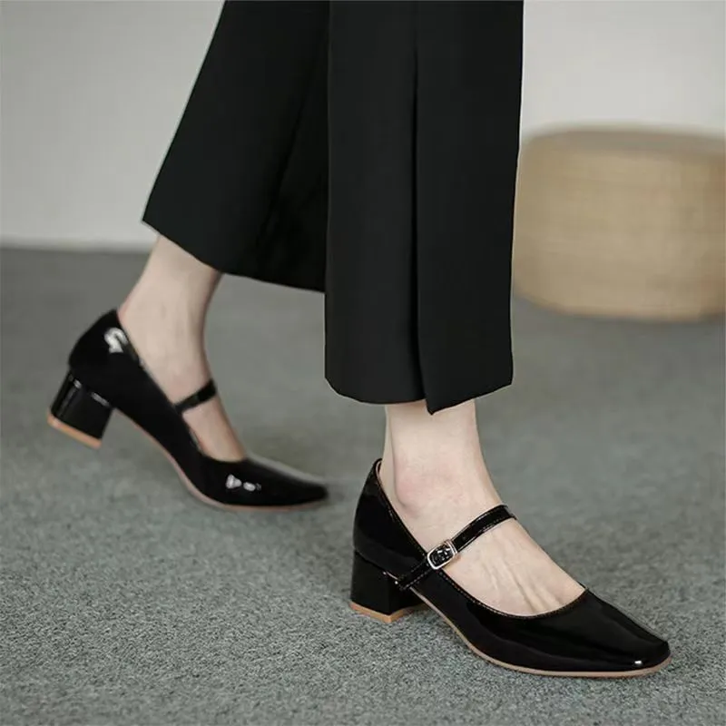 Joskaa Plus Size Mary Jane Shoes Popular Summer New Style Chunky Heel Retro Square Toe Women's Shoes Fashionable Temperament Mid Heel Simple Single-Layer Shoes