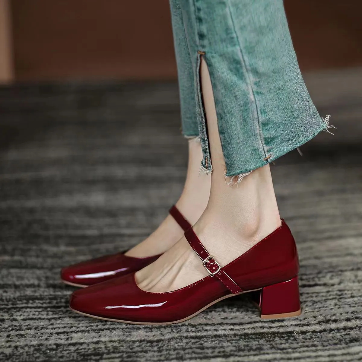 Joskaa Plus Size Mary Jane Shoes Popular Summer New Style Chunky Heel Retro Square Toe Women's Shoes Fashionable Temperament Mid Heel Simple Single-Layer Shoes