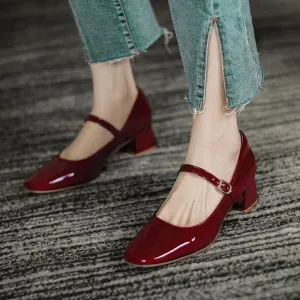 Joskaa Plus Size Mary Jane Shoes Popular Summer New Style Chunky Heel Retro Square Toe Women's Shoes Fashionable Temperament Mid Heel Simple Single-Layer Shoes