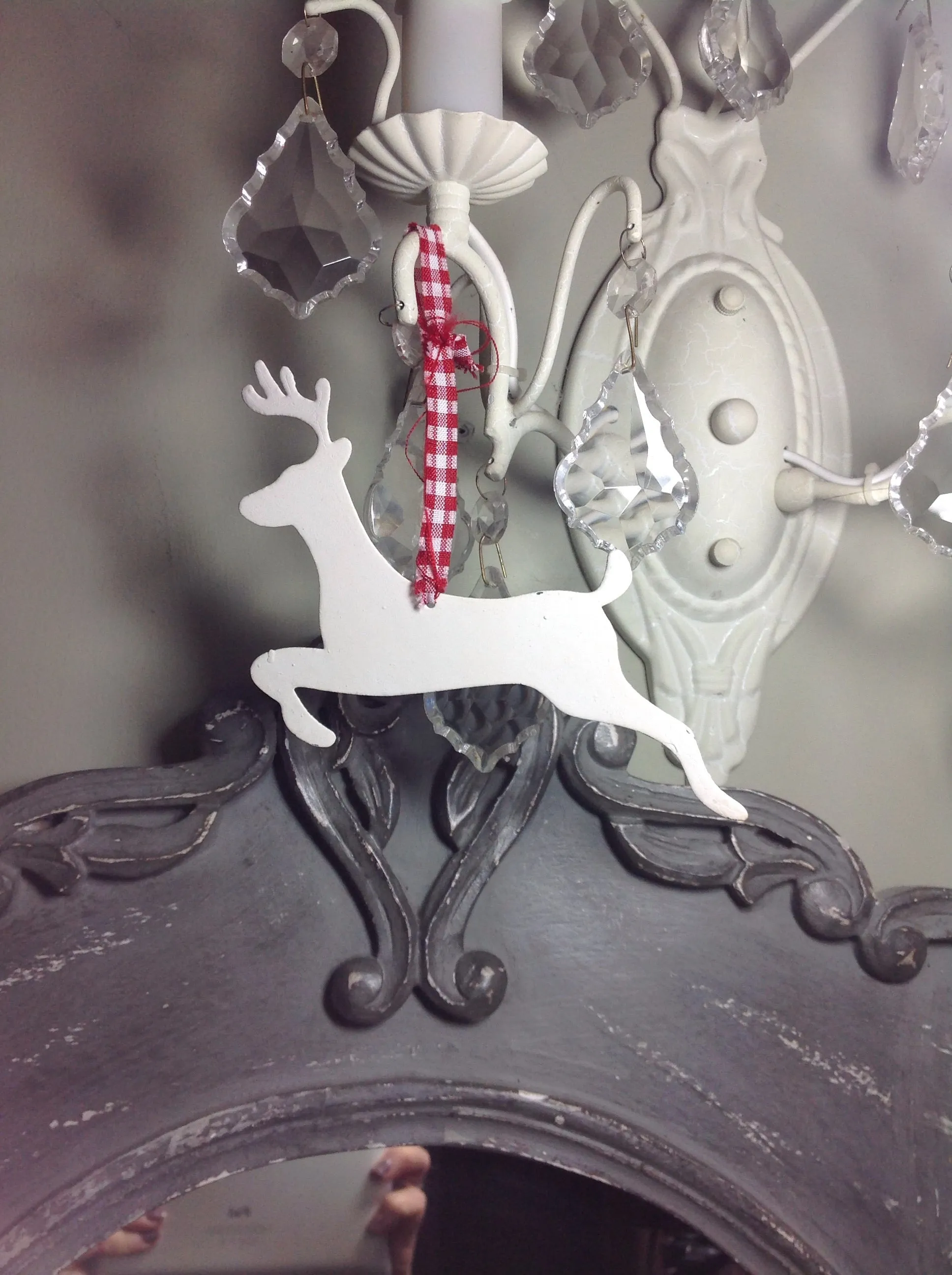 Leaping cream metal reindeer with gingham ribbon loop tree decoration