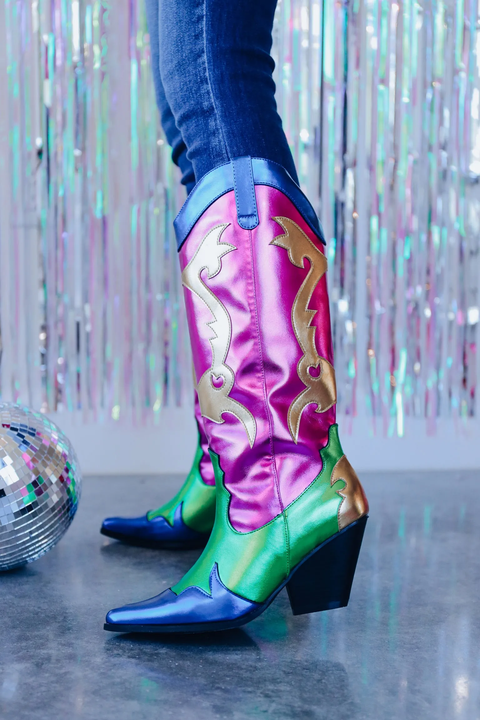 Mardi Gras Flare Heeled Boots - Pink