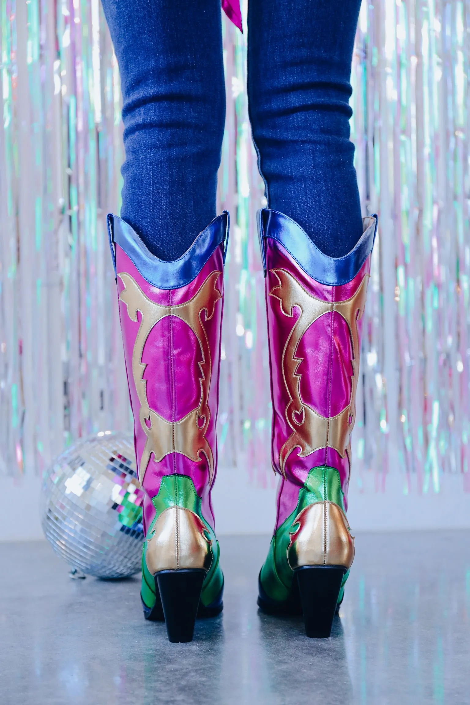 Mardi Gras Flare Heeled Boots - Pink