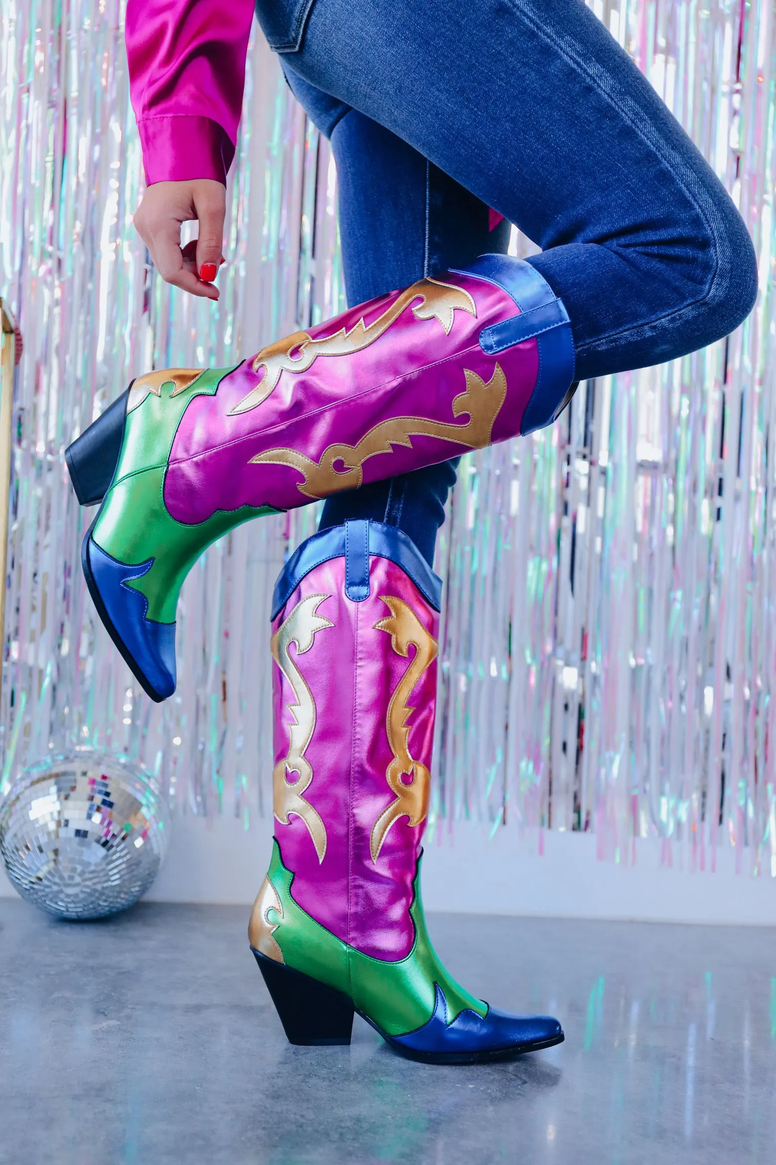 Mardi Gras Flare Heeled Boots - Pink