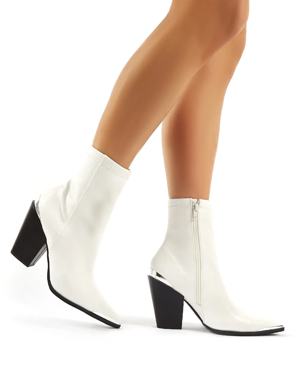 Phoenix White PU Block Heeled Western Ankle Boots