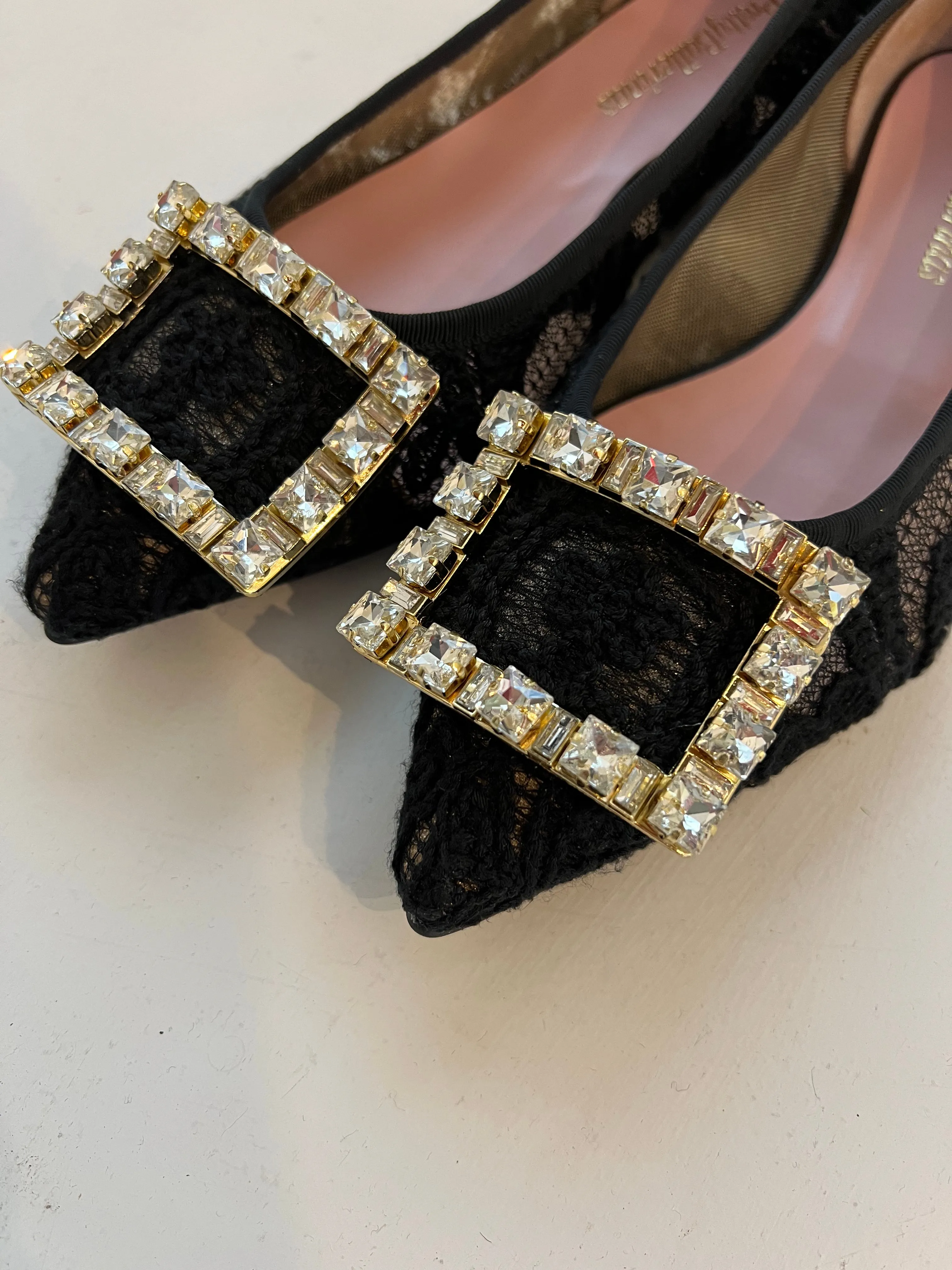 Pretty Ballerinas Black Lace Crystal Buckle Ballet Pump