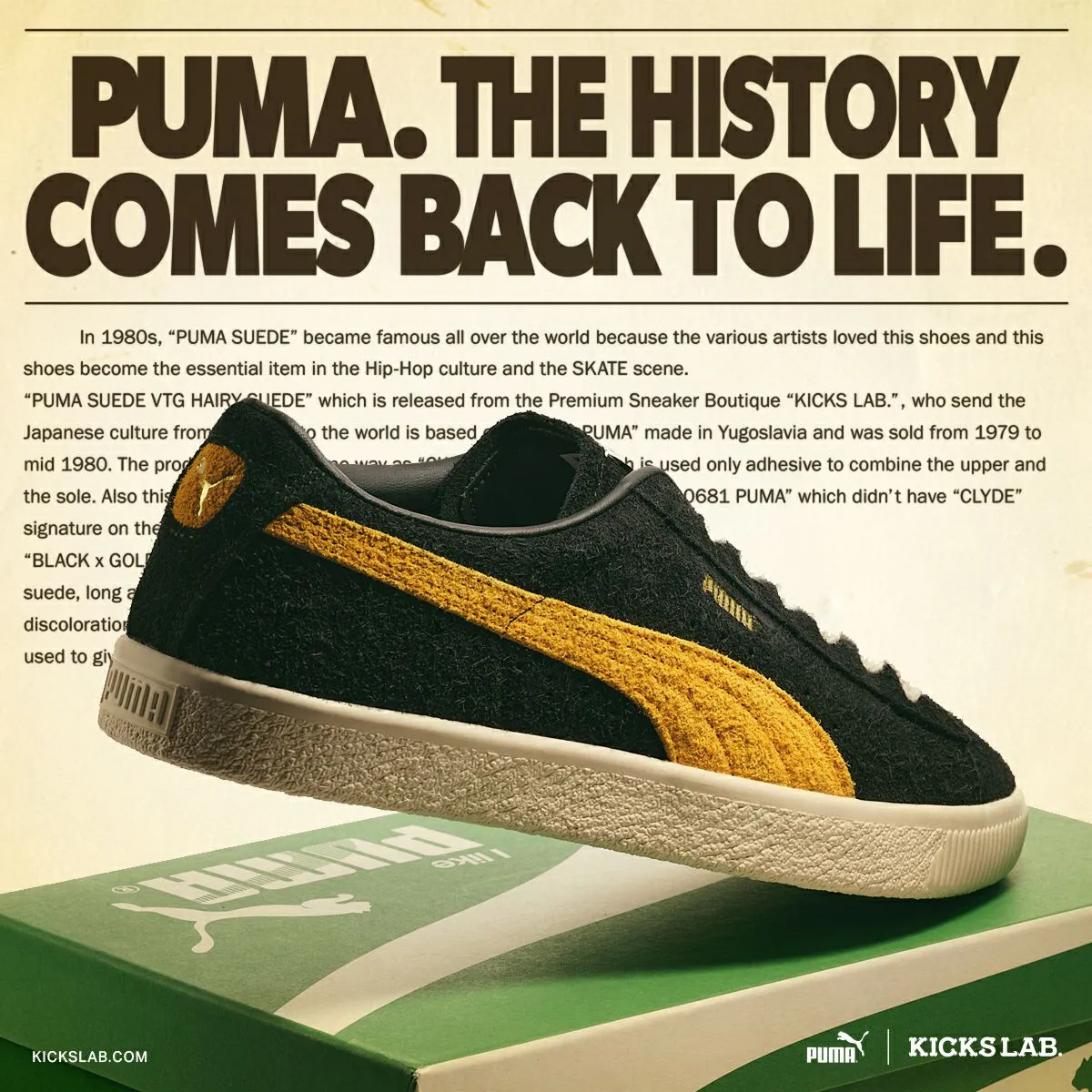 PUMA SUEDE VTG HAIRY SUEDE BLACK/MUSTARD SEED -KICKS LAB. EXCLUSIVE-