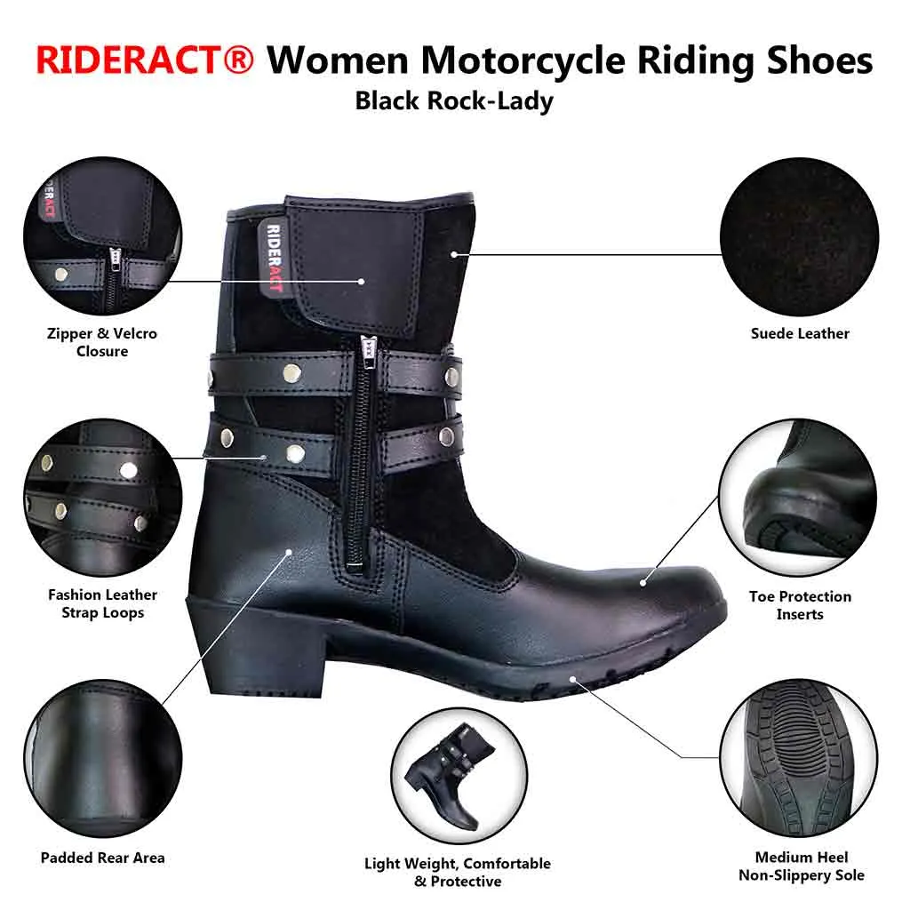 RIDERACT® Women Motorbike Boots Black Fashion Riding Lady Shoes Rock