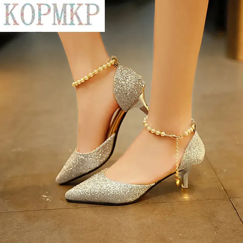 Sexy Pointed Toe Pearl High Heels Shoes Female Fashion Hollow with Sandals Paillette of The Thin Breathable Shoes Women Pumps