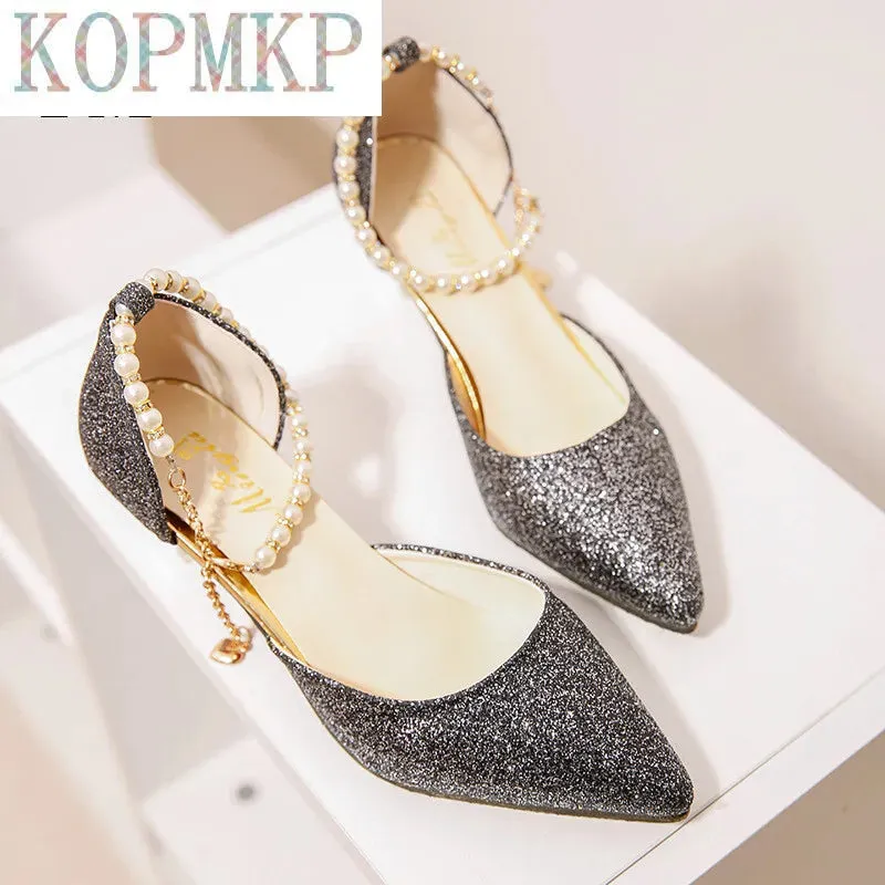 Sexy Pointed Toe Pearl High Heels Shoes Female Fashion Hollow with Sandals Paillette of The Thin Breathable Shoes Women Pumps