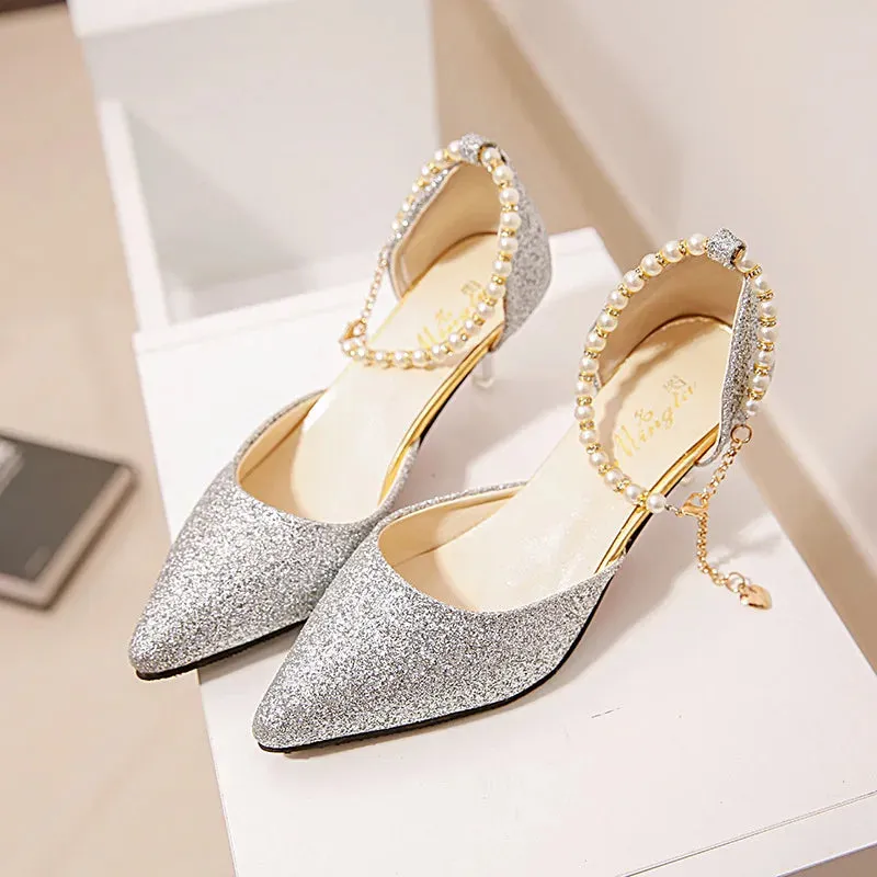 Sexy Pointed Toe Pearl High Heels Shoes Female Fashion Hollow with Sandals Paillette of The Thin Breathable Shoes Women Pumps