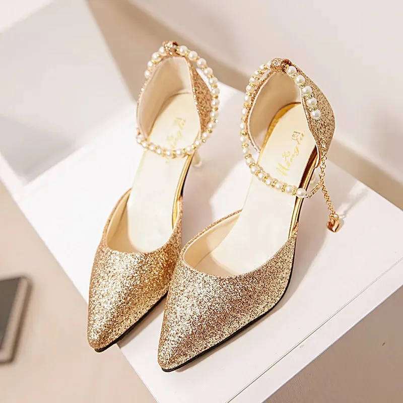 Sexy Pointed Toe Pearl High Heels Shoes Female Fashion Hollow with Sandals Paillette of The Thin Breathable Shoes Women Pumps