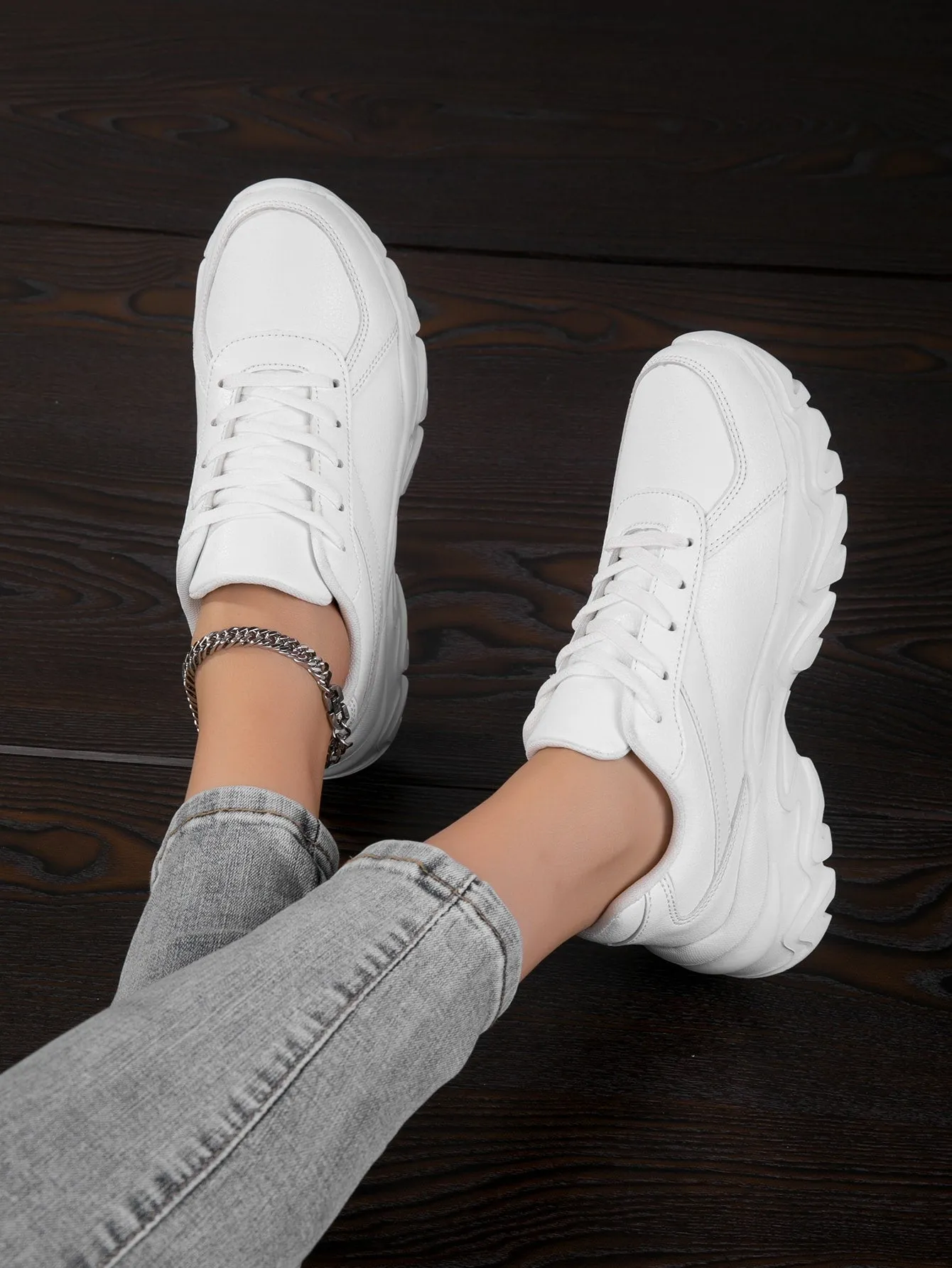 SHEIN Women Chunky Sneakers Lace-up Front Low Top Sports Shoes White, Women's Pu Athletic Running Shoes In White Solid Color