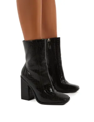 Slick Black Croc Square Toe Block Heeled Ankle Boots