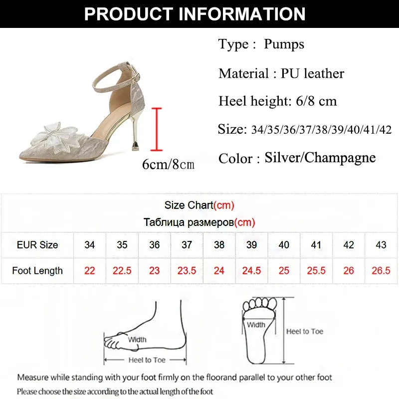 Sohiwoo Elegant Silver High Heels Pumps Women Autumn Plus Size 42 Ankle Straps Party Shoes Woman Pointed Toe Bowtie Wedding Shoes