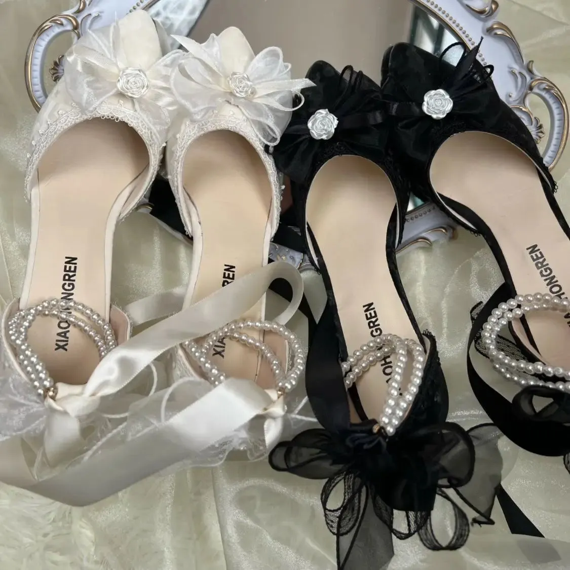 Sohiwoo French Adult Gift Lolita Shoes Pearl Ribbon Premium Birthday Lolita Shoes Fairy Wedding High Heels for Women