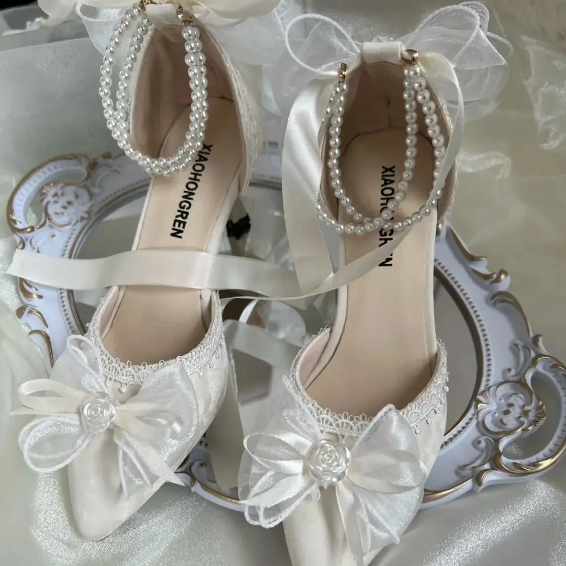 Sohiwoo French Adult Gift Lolita Shoes Pearl Ribbon Premium Birthday Lolita Shoes Fairy Wedding High Heels for Women