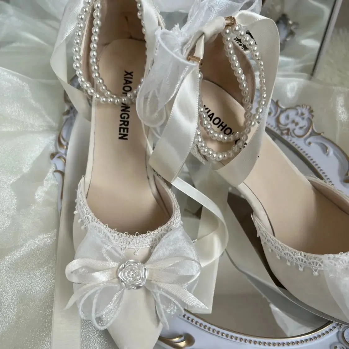 Sohiwoo French Adult Gift Lolita Shoes Pearl Ribbon Premium Birthday Lolita Shoes Fairy Wedding High Heels for Women