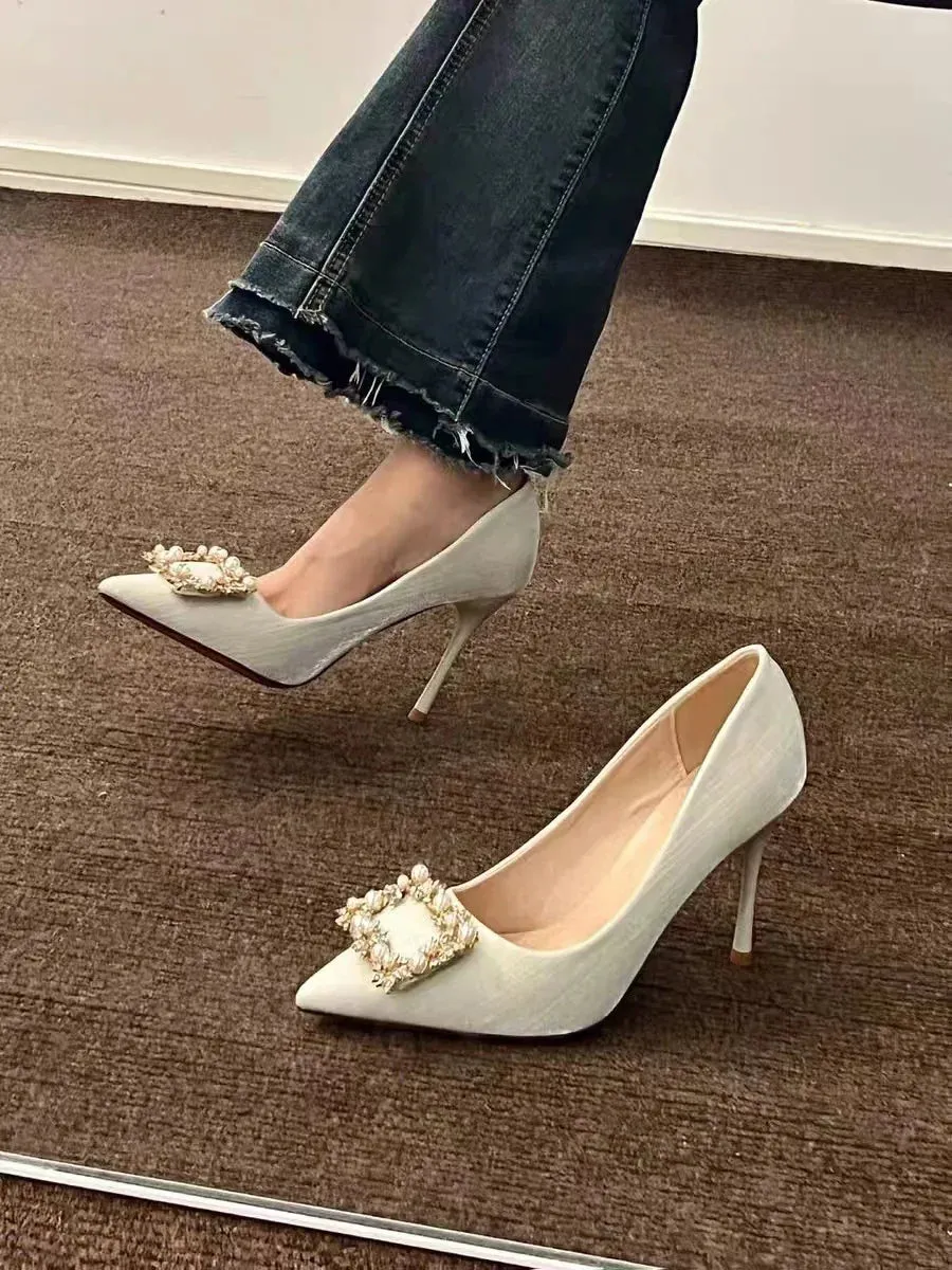 Sohiwoo New Spring/Autumn Sexy Comfortable Casual Banquet Fashion Pearl Wedding Pointed Toe Stiletto High Heels