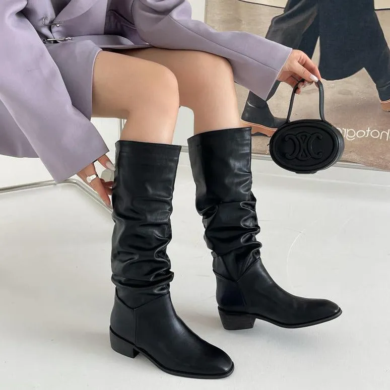 Square Toe Pleated Chunky Heeled Boots