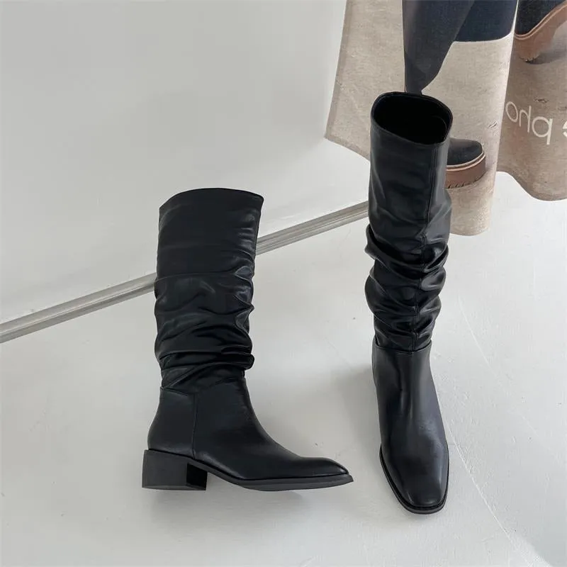 Square Toe Pleated Chunky Heeled Boots