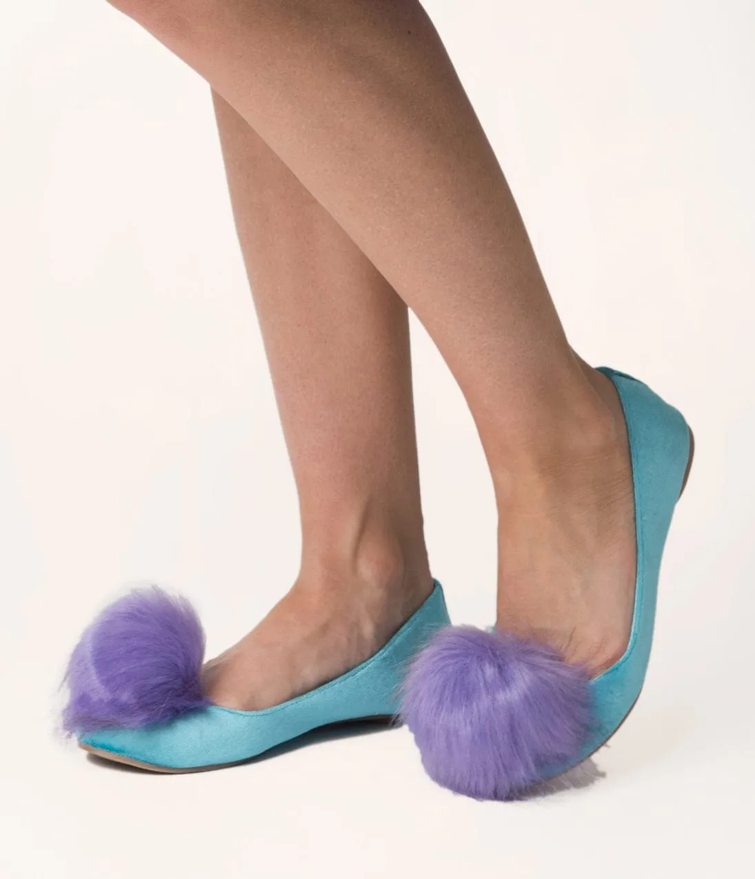 Teal Velvet & Purple Pom Pom Ballet Flats