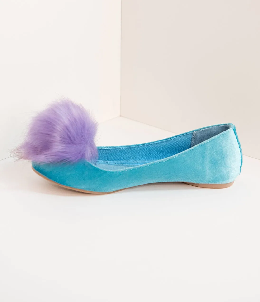 Teal Velvet & Purple Pom Pom Ballet Flats