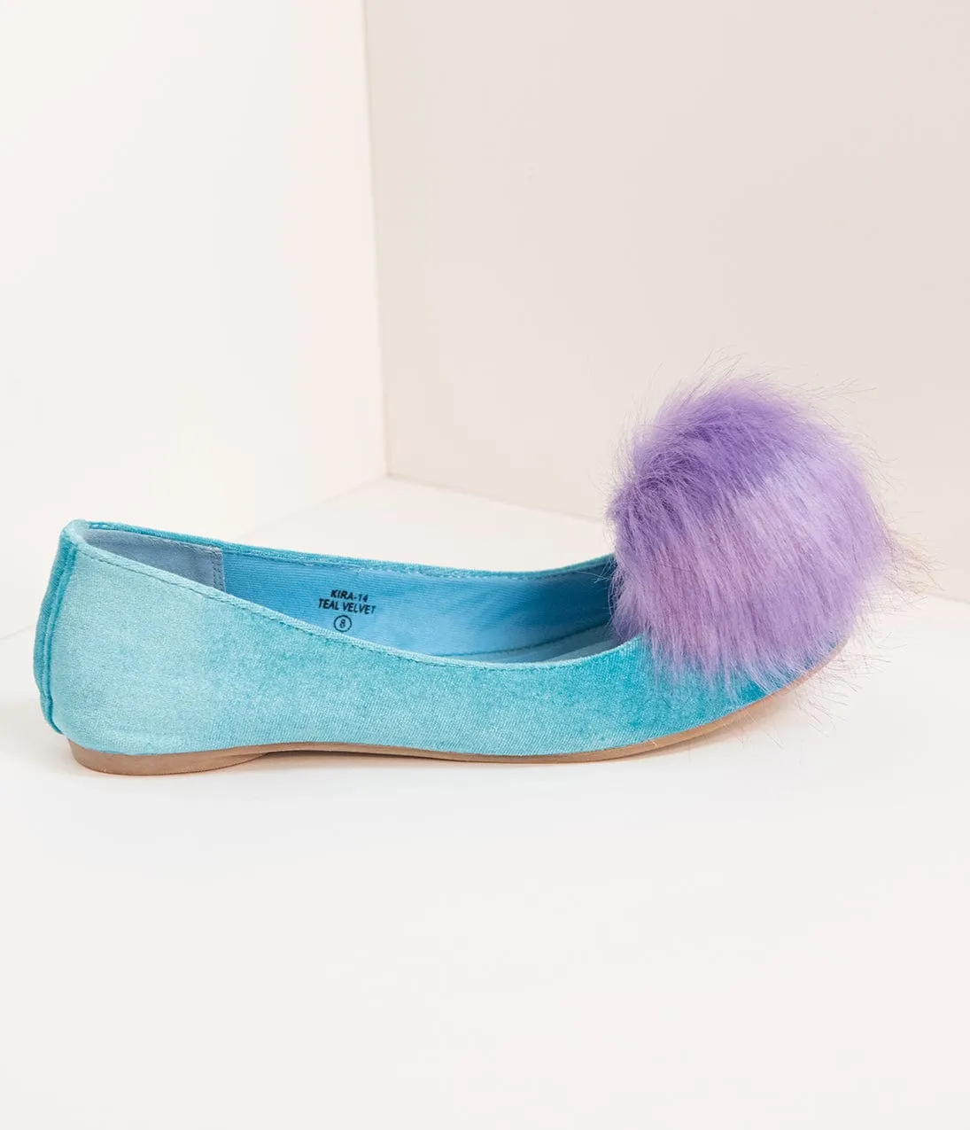 Teal Velvet & Purple Pom Pom Ballet Flats