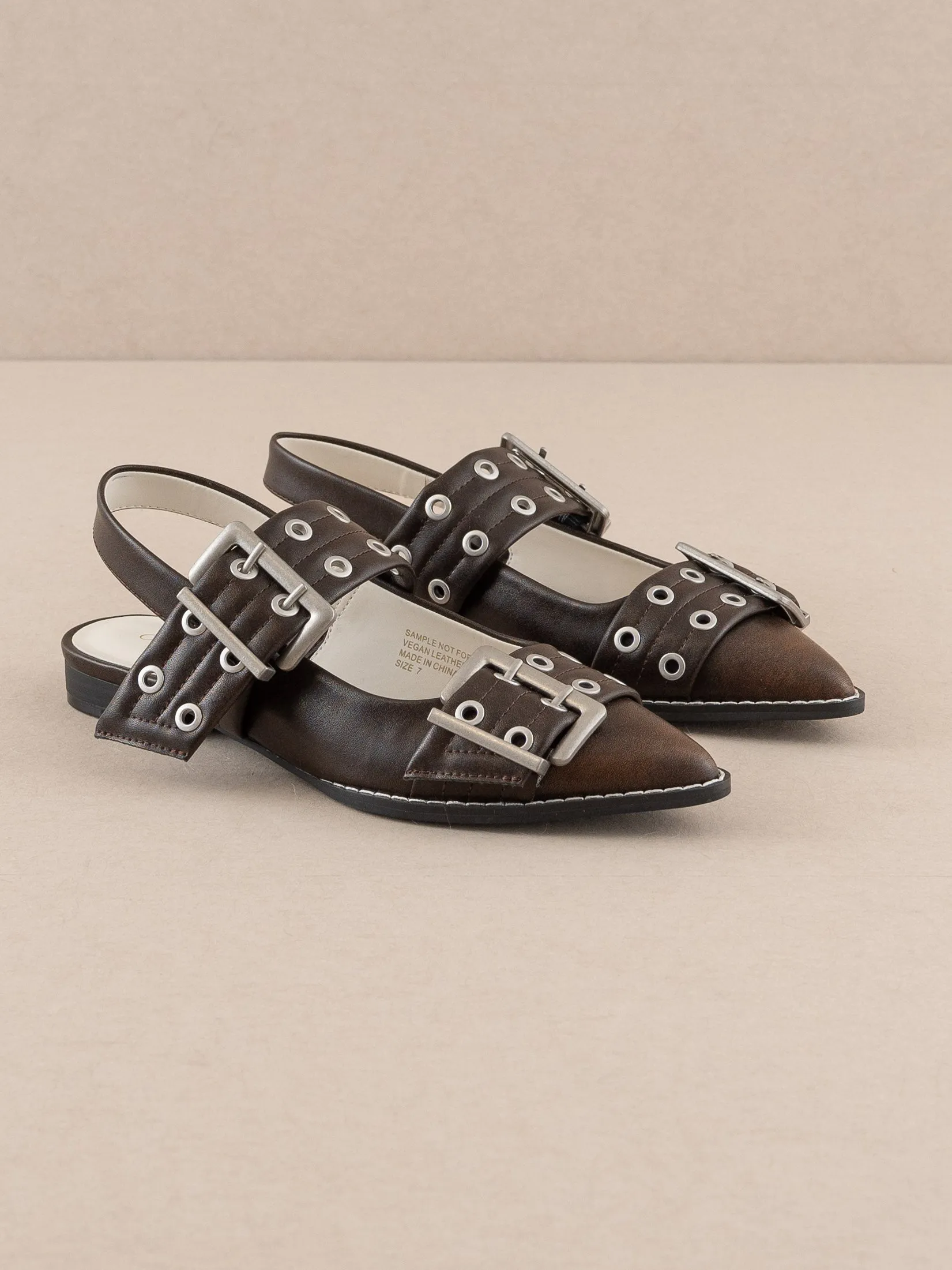 The Harlow | Brown Double Buckle Pointed Ballet Flat