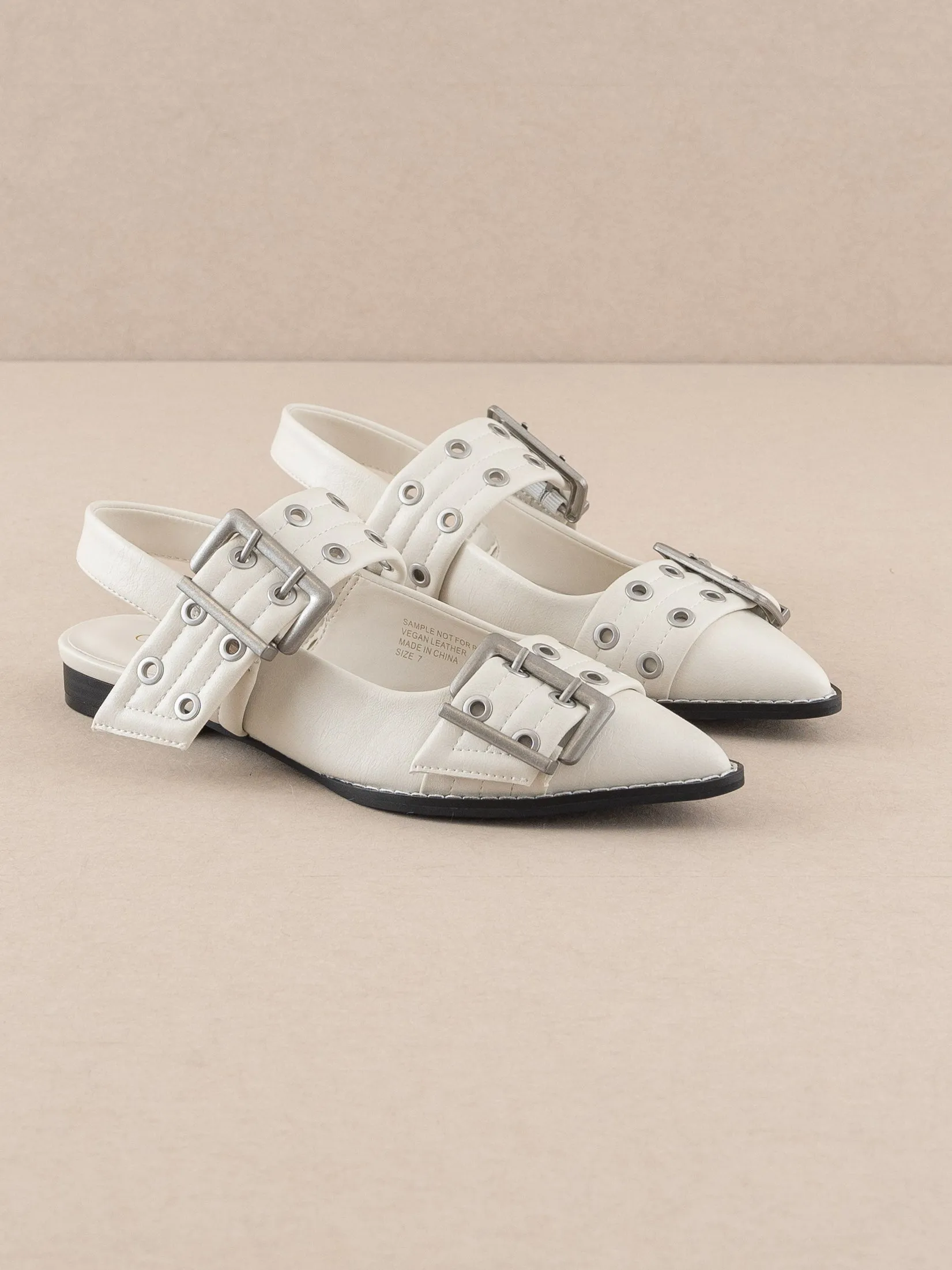 The Harlow | White Double Buckle Pointed Ballet Flat