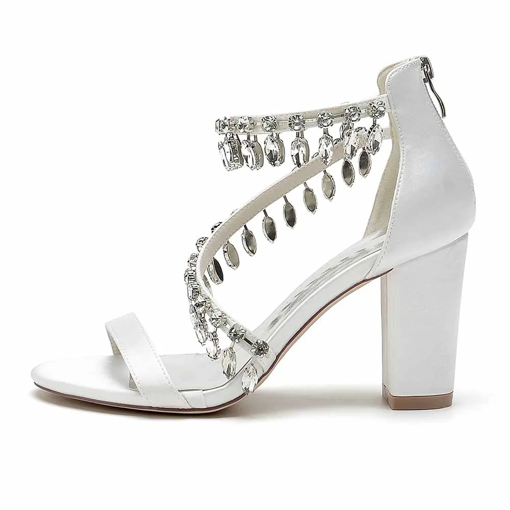 Women Beaded Ankle-Strp Pump Chunky Wedding Prom Sandals