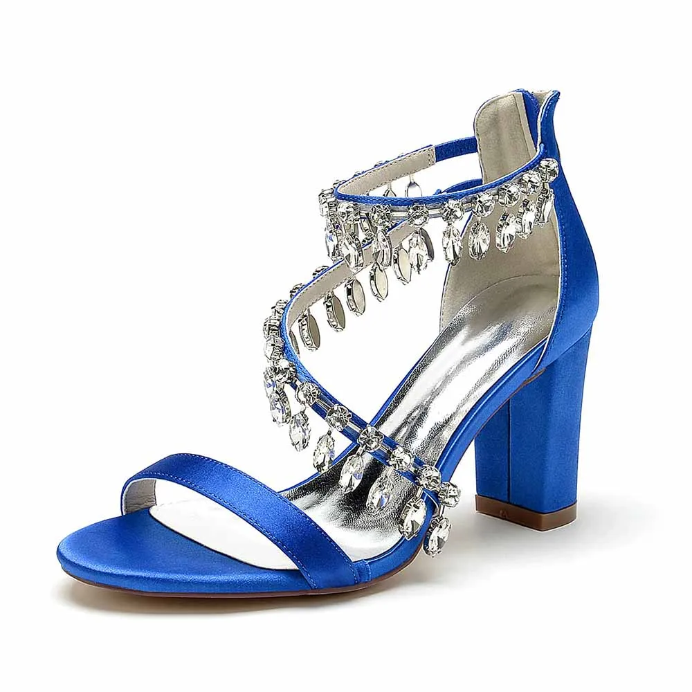 Women Beaded Ankle-Strp Pump Chunky Wedding Prom Sandals