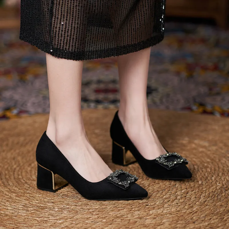 Women Suede Metal Buckle Pump Block Heel Pointed Toe Mid Heels