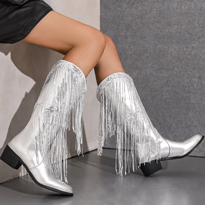 Womens Fringe & Sequins Decor Point Toe Chunky Heeled Western Boots